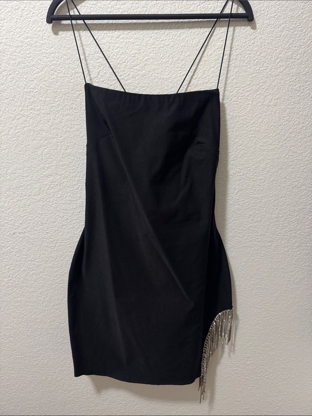 Fashion Nova Black Spaghetti-Strap Mini Dress with Rhinestone Fringe